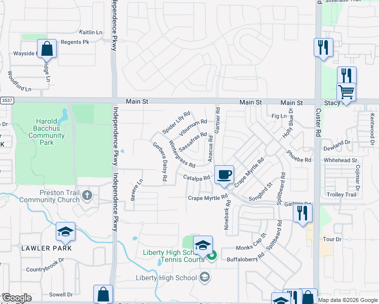 map of restaurants, bars, coffee shops, grocery stores, and more near 15193 Basket Oak Road in Frisco