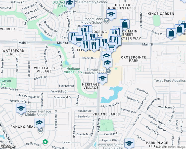 map of restaurants, bars, coffee shops, grocery stores, and more near 8415 Nicholson Drive in Frisco