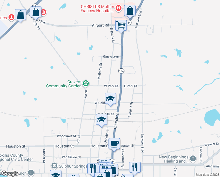 map of restaurants, bars, coffee shops, grocery stores, and more near 954 North Davis Street in Sulphur Springs