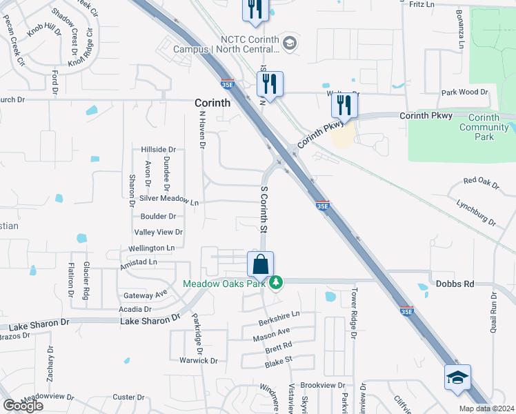 map of restaurants, bars, coffee shops, grocery stores, and more near 2818 Silver Meadow Ln in Corinth