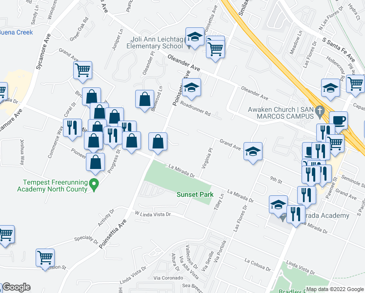 map of restaurants, bars, coffee shops, grocery stores, and more near 3133 Mooncrest Court in San Marcos