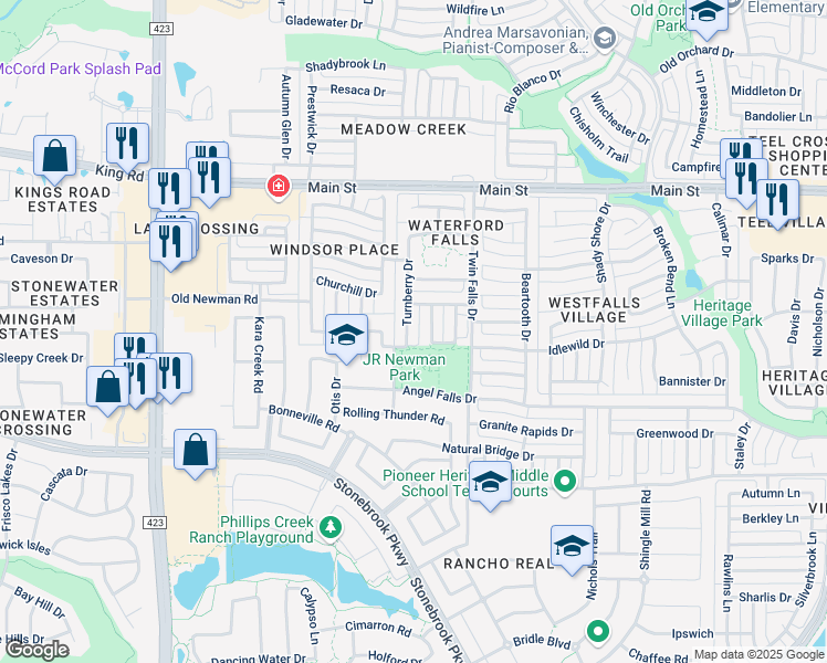 map of restaurants, bars, coffee shops, grocery stores, and more near 8433 Winged Foot Drive in Frisco