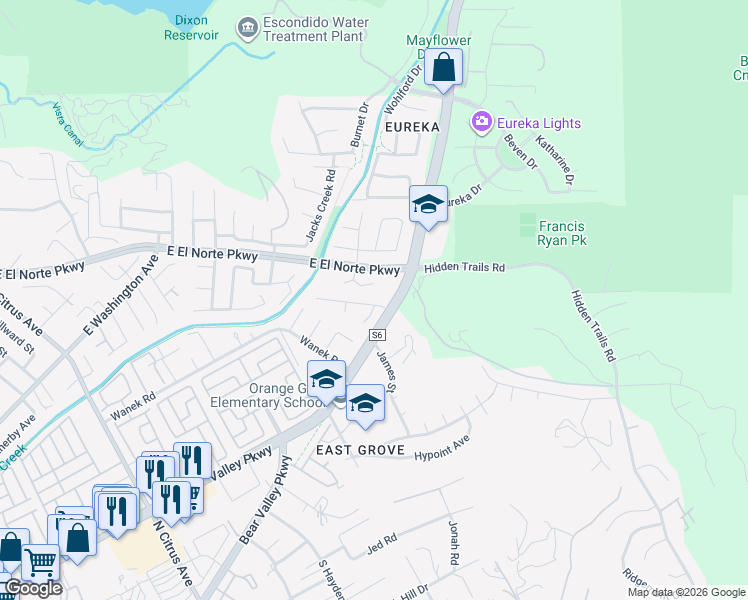 map of restaurants, bars, coffee shops, grocery stores, and more near 444 Las Brisas Drive in Escondido