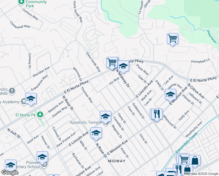 map of restaurants, bars, coffee shops, grocery stores, and more near 1160 Erica Street in Escondido