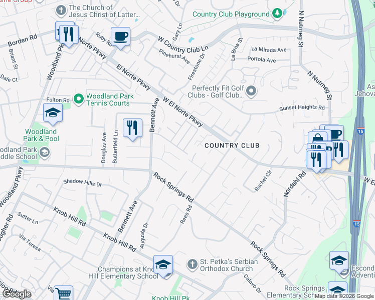 map of restaurants, bars, coffee shops, grocery stores, and more near 1710 Elser Lane in Escondido