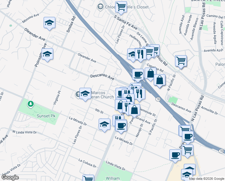 map of restaurants, bars, coffee shops, grocery stores, and more near 150 Rancho Santa Fe Road in San Marcos
