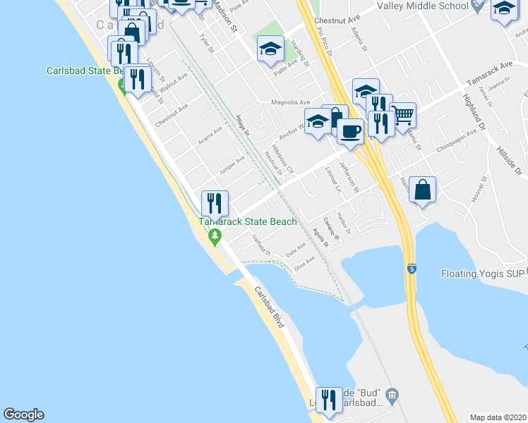 map of restaurants, bars, coffee shops, grocery stores, and more near 293 Tamarack Avenue in Carlsbad