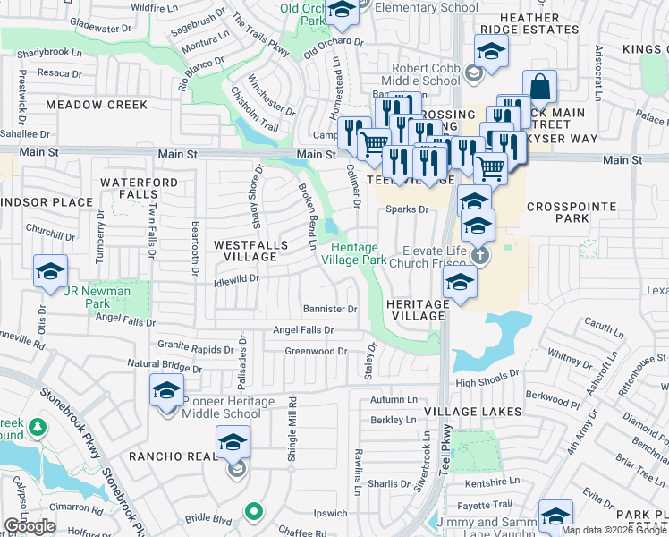 map of restaurants, bars, coffee shops, grocery stores, and more near 2311 Idlewild Drive in Frisco