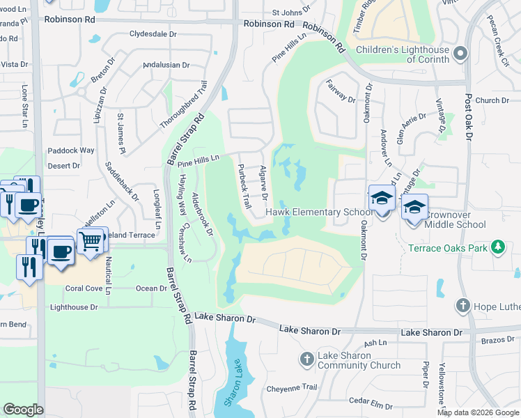 map of restaurants, bars, coffee shops, grocery stores, and more near 6821 Purbeck Trail in Corinth
