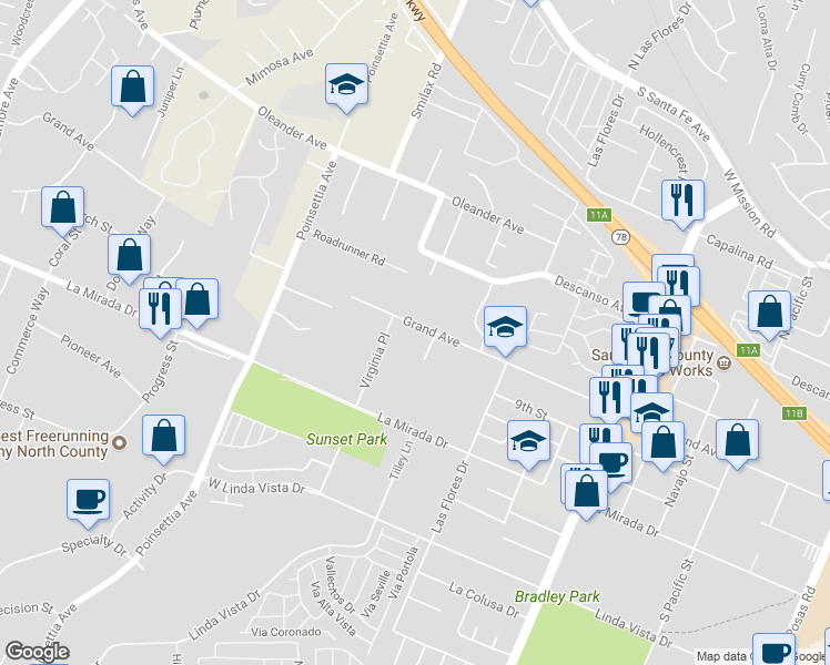 map of restaurants, bars, coffee shops, grocery stores, and more near 3327 Grand Avenue in San Marcos