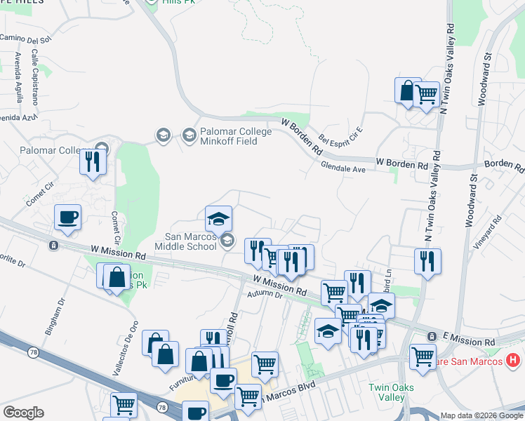 map of restaurants, bars, coffee shops, grocery stores, and more near 558 Dundee Lane in San Marcos