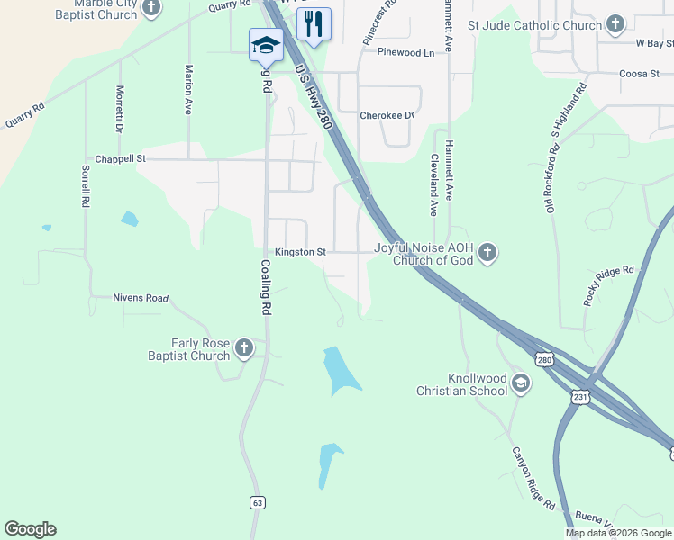 map of restaurants, bars, coffee shops, grocery stores, and more near 932 Brookwood Drive in Sylacauga