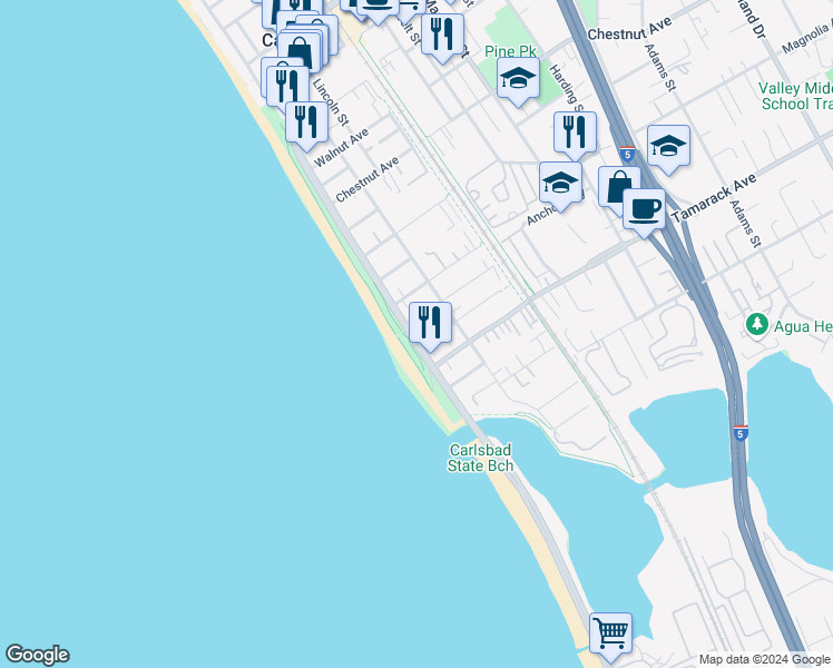 map of restaurants, bars, coffee shops, grocery stores, and more near 3824 Carlsbad Blvd in Carlsbad