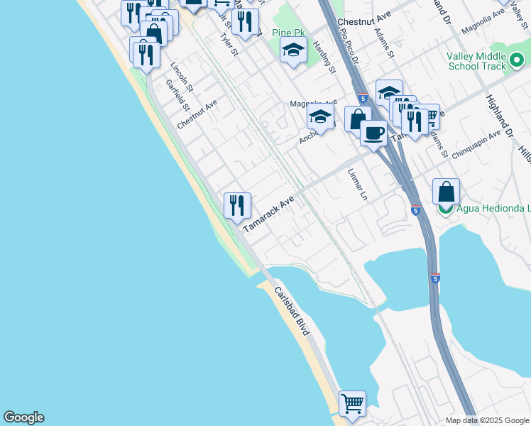 map of restaurants, bars, coffee shops, grocery stores, and more near 226 Tamarack Avenue in Carlsbad