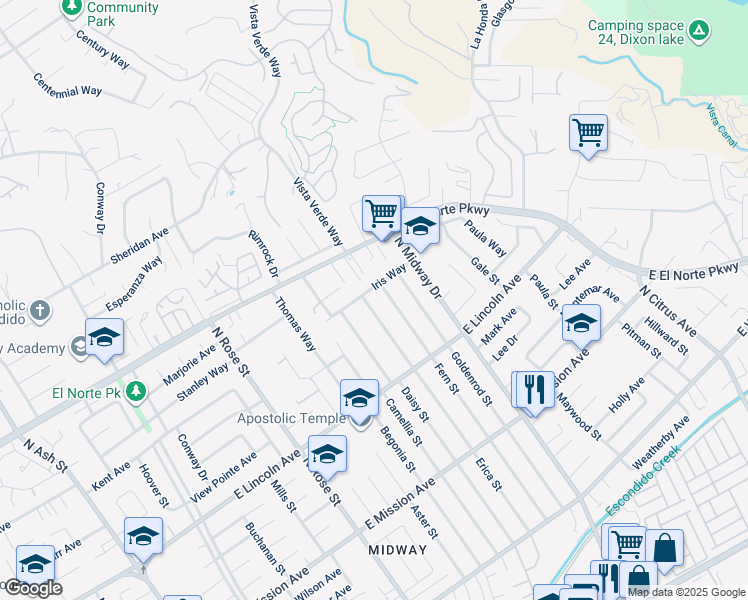 map of restaurants, bars, coffee shops, grocery stores, and more near 1160 Erica Street in Escondido