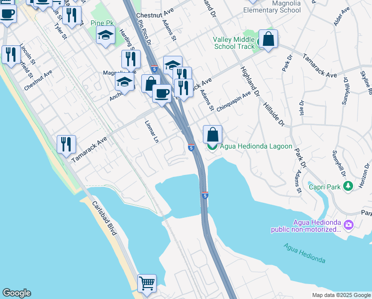 map of restaurants, bars, coffee shops, grocery stores, and more near 4021 Layang Layang Circle in Carlsbad