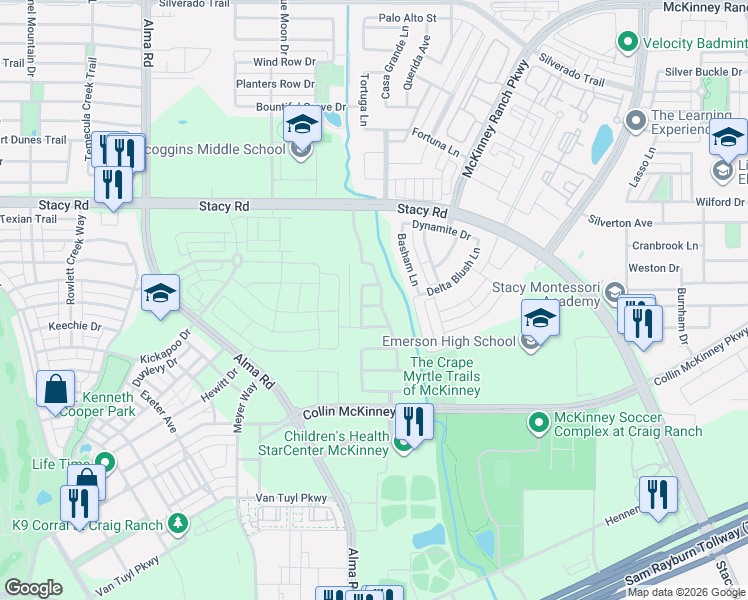 map of restaurants, bars, coffee shops, grocery stores, and more near 5420 Gypsum Drive in McKinney