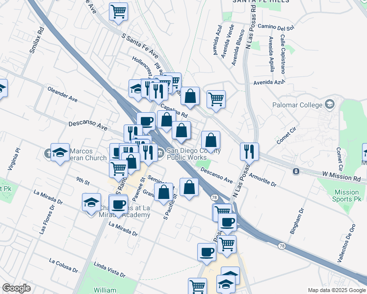 map of restaurants, bars, coffee shops, grocery stores, and more near 120 North Pacific Street in San Marcos