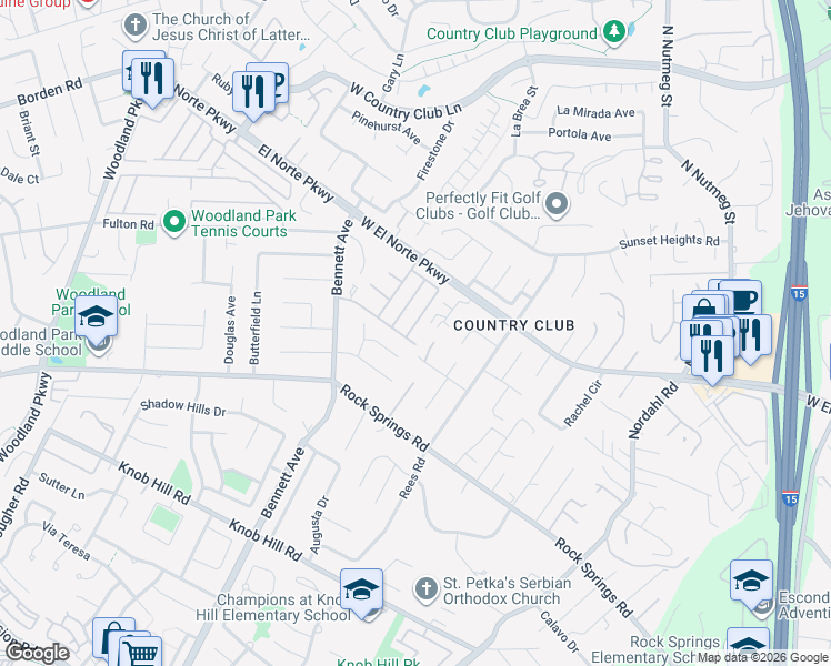 map of restaurants, bars, coffee shops, grocery stores, and more near 1710 Elser Lane in Escondido