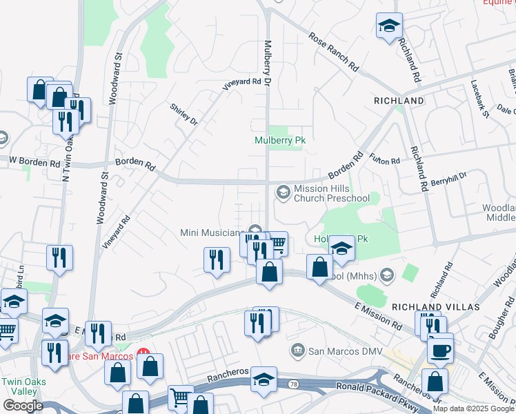 map of restaurants, bars, coffee shops, grocery stores, and more near 429 Penelope Drive in San Marcos