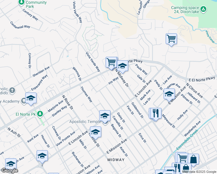 map of restaurants, bars, coffee shops, grocery stores, and more near 1160 Erica Street in Escondido