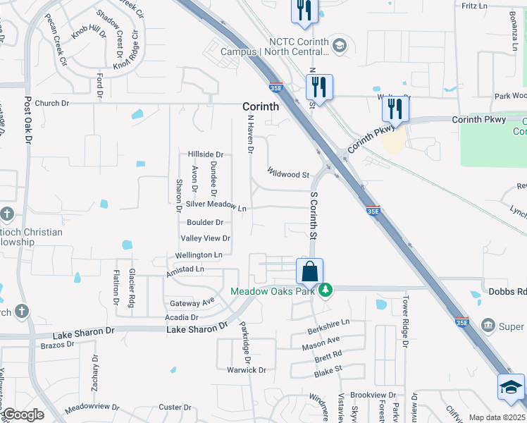 map of restaurants, bars, coffee shops, grocery stores, and more near 2802 Silver Meadow Lane in Corinth