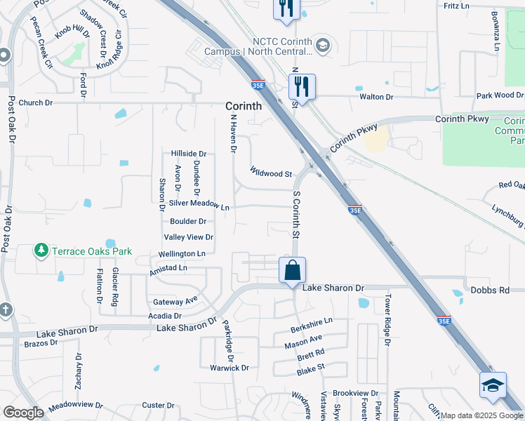 map of restaurants, bars, coffee shops, grocery stores, and more near 2808 Silver Meadow Lane in Corinth