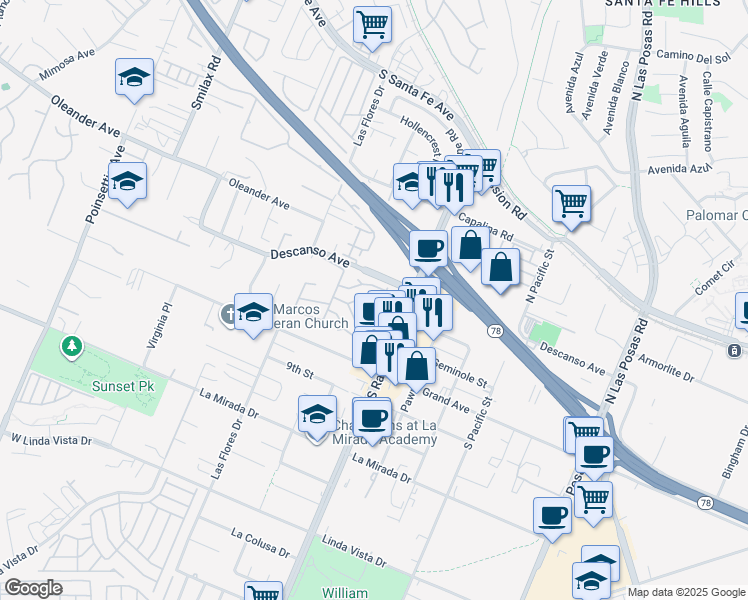 map of restaurants, bars, coffee shops, grocery stores, and more near 150 South Rancho Santa Fe Road in San Marcos
