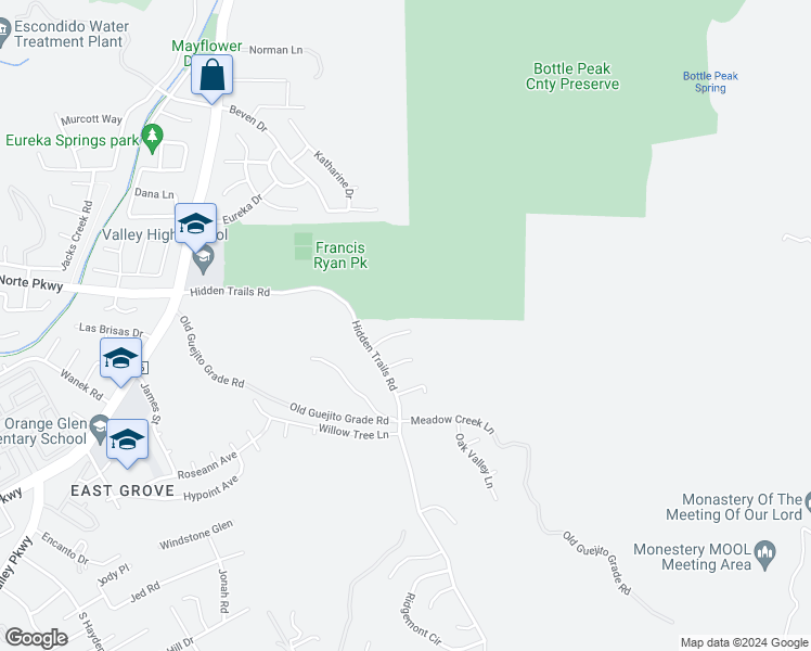 map of restaurants, bars, coffee shops, grocery stores, and more near 3258 Meadow Side Place in Escondido