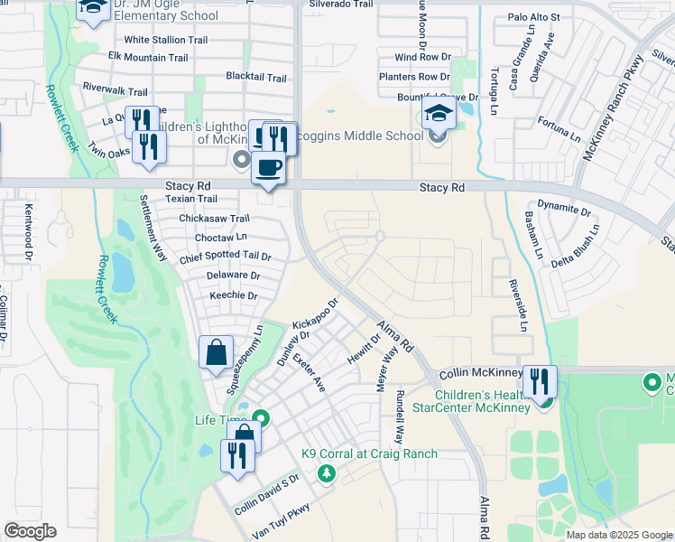 map of restaurants, bars, coffee shops, grocery stores, and more near 7413 Alton Drive in McKinney