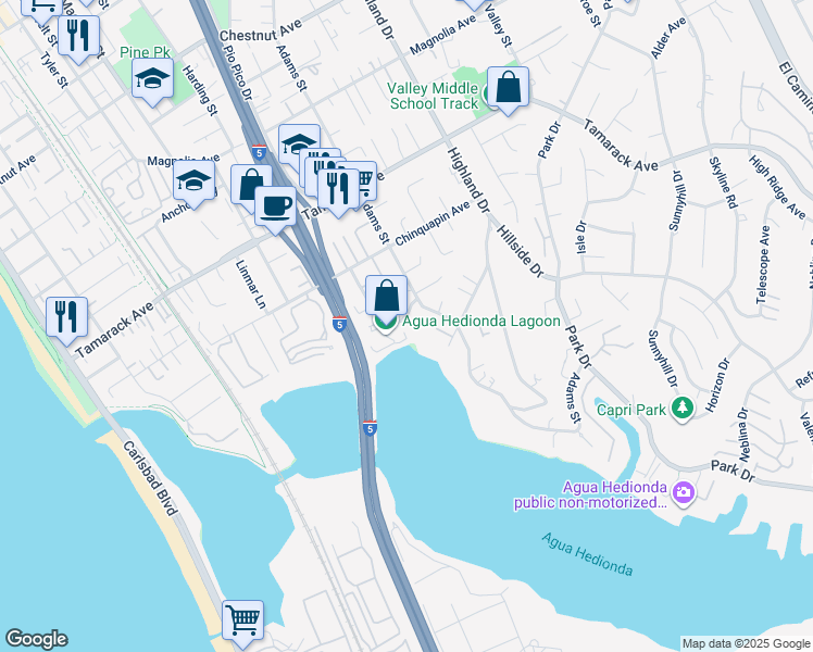 map of restaurants, bars, coffee shops, grocery stores, and more near 4235 Harrison Street in Carlsbad