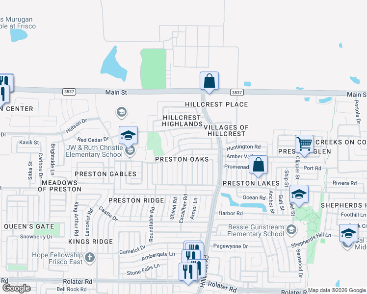 map of restaurants, bars, coffee shops, grocery stores, and more near 10718 Huntington Road in Frisco