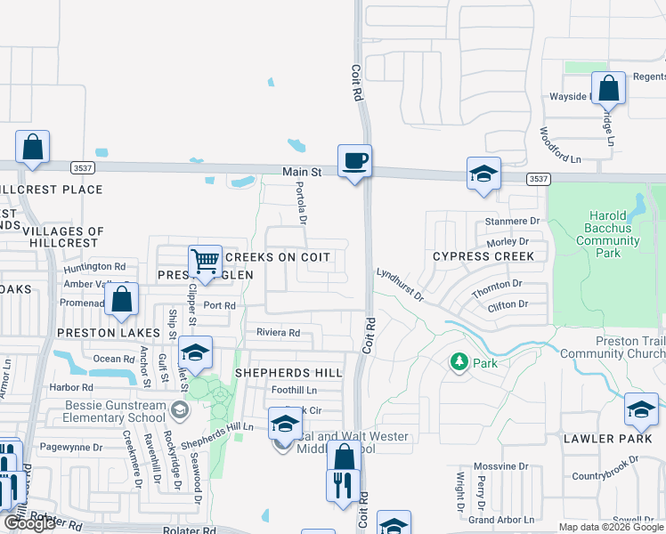 map of restaurants, bars, coffee shops, grocery stores, and more near 12618 Akenside Road in Frisco