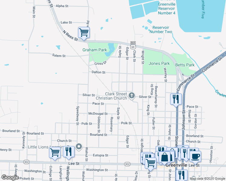 map of restaurants, bars, coffee shops, grocery stores, and more near 1302 Sayle Street in Greenville