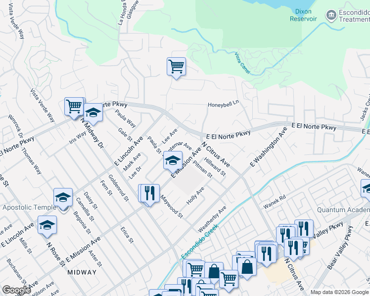 map of restaurants, bars, coffee shops, grocery stores, and more near 2267 Montemar Avenue in Escondido