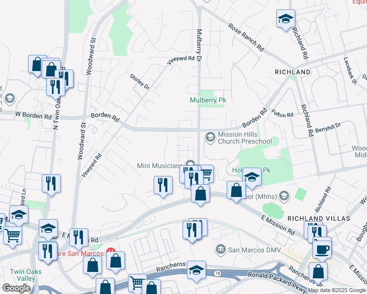 map of restaurants, bars, coffee shops, grocery stores, and more near 479 Prosperity Drive in San Marcos