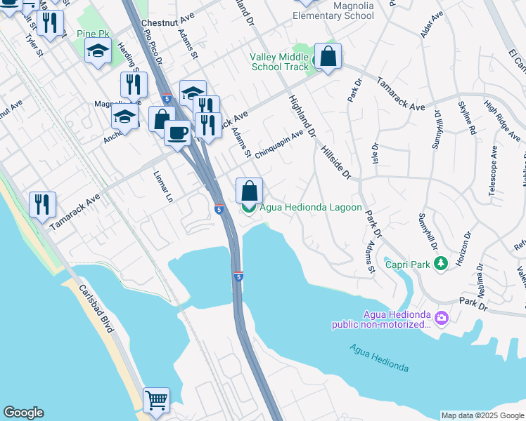 map of restaurants, bars, coffee shops, grocery stores, and more near 4235 Harrison Street in Carlsbad