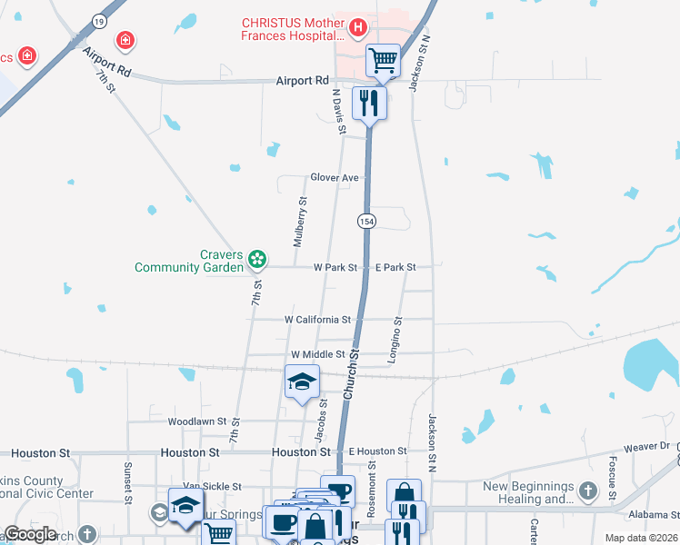 map of restaurants, bars, coffee shops, grocery stores, and more near 954 North Davis Street in Sulphur Springs