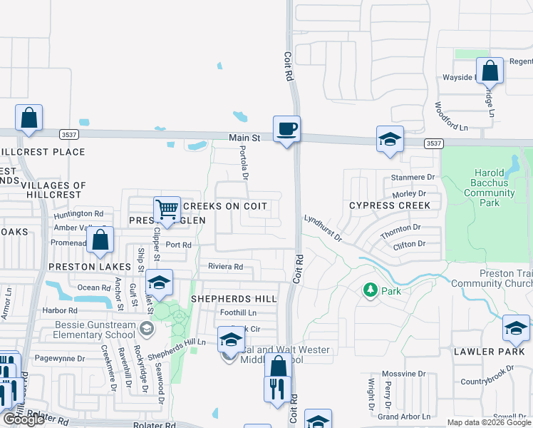 map of restaurants, bars, coffee shops, grocery stores, and more near 12618 Akenside Road in Frisco