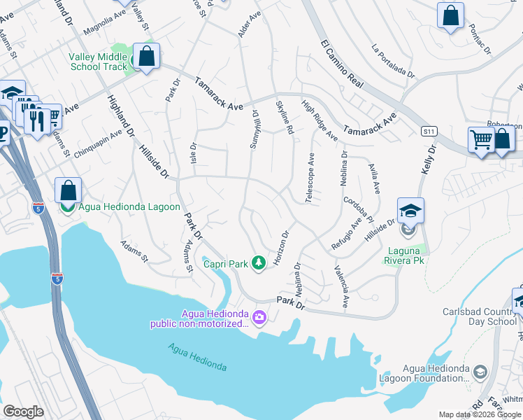 map of restaurants, bars, coffee shops, grocery stores, and more near 4630 Pannonia Road in Carlsbad