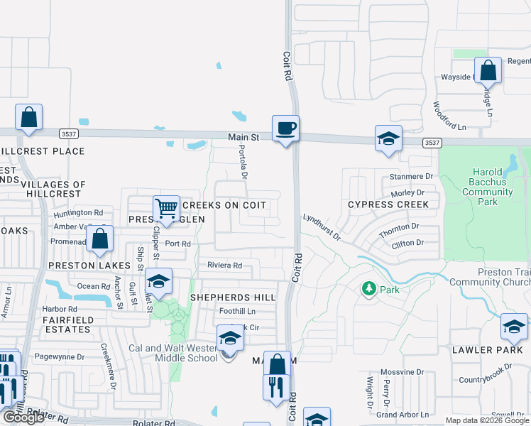 map of restaurants, bars, coffee shops, grocery stores, and more near 12618 Akenside Road in Frisco