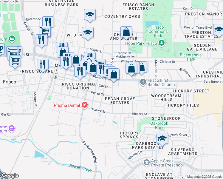 map of restaurants, bars, coffee shops, grocery stores, and more near 8760 South County Road in Frisco