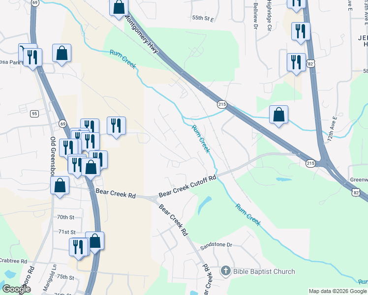 map of restaurants, bars, coffee shops, grocery stores, and more near 7013 Shadesbrook Drive in Tuscaloosa