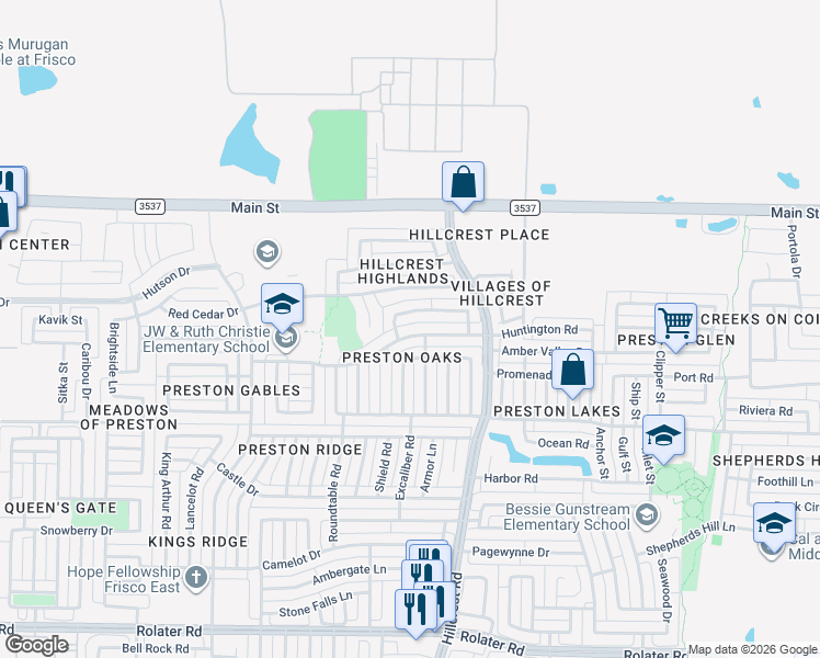 map of restaurants, bars, coffee shops, grocery stores, and more near 10718 Huntington Road in Frisco