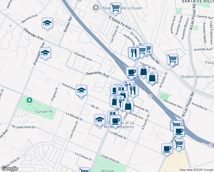 map of restaurants, bars, coffee shops, grocery stores, and more near 150 South Rancho Santa Fe Road in San Marcos