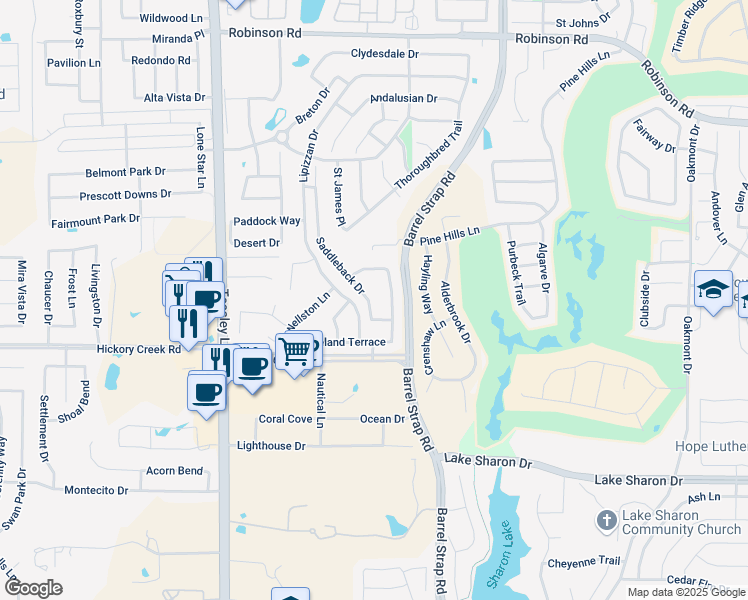 map of restaurants, bars, coffee shops, grocery stores, and more near 6509 Saddleback Drive in Denton
