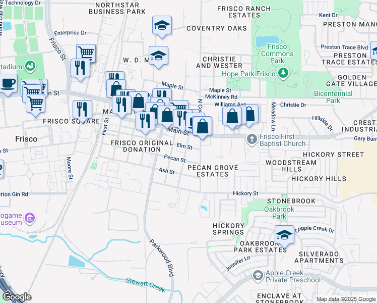 map of restaurants, bars, coffee shops, grocery stores, and more near 7210 Pecan Street in Frisco