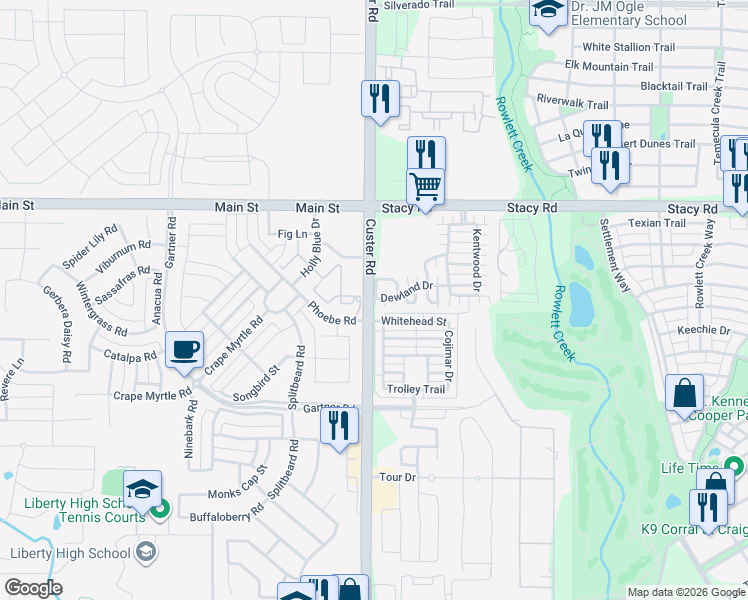 map of restaurants, bars, coffee shops, grocery stores, and more near 5307 Custer Road in McKinney