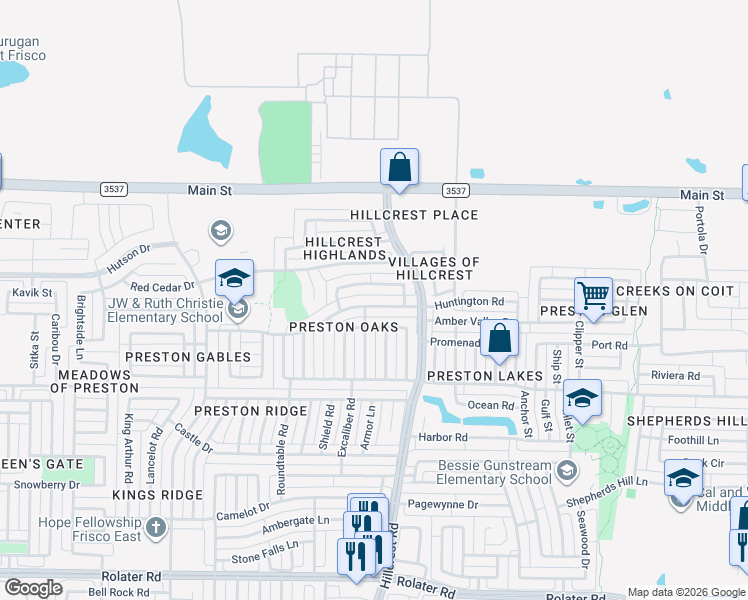 map of restaurants, bars, coffee shops, grocery stores, and more near 10909 Huntington Road in Frisco