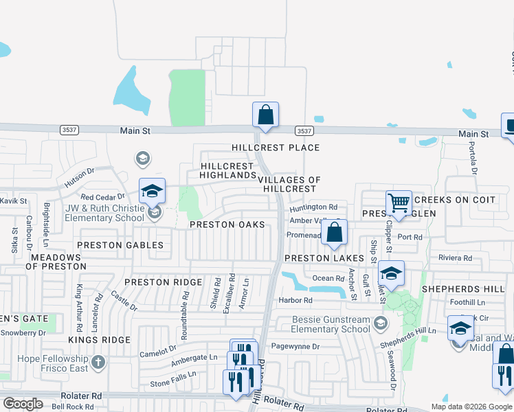 map of restaurants, bars, coffee shops, grocery stores, and more near 10909 Huntington Road in Frisco